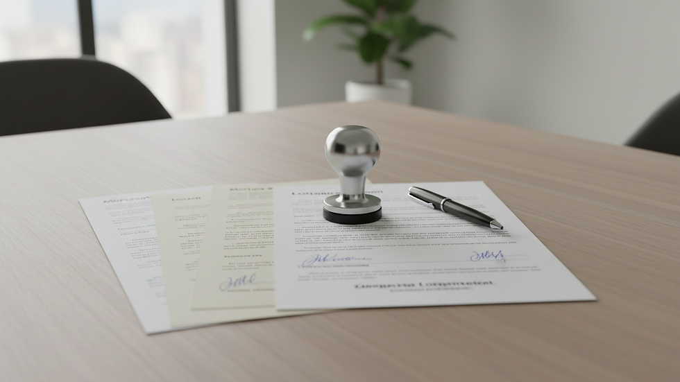 Eye-level view of a notary stamp and loan documents on a desk