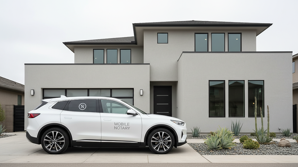 Eye-level view of a mobile notary's car parked outside a residential home