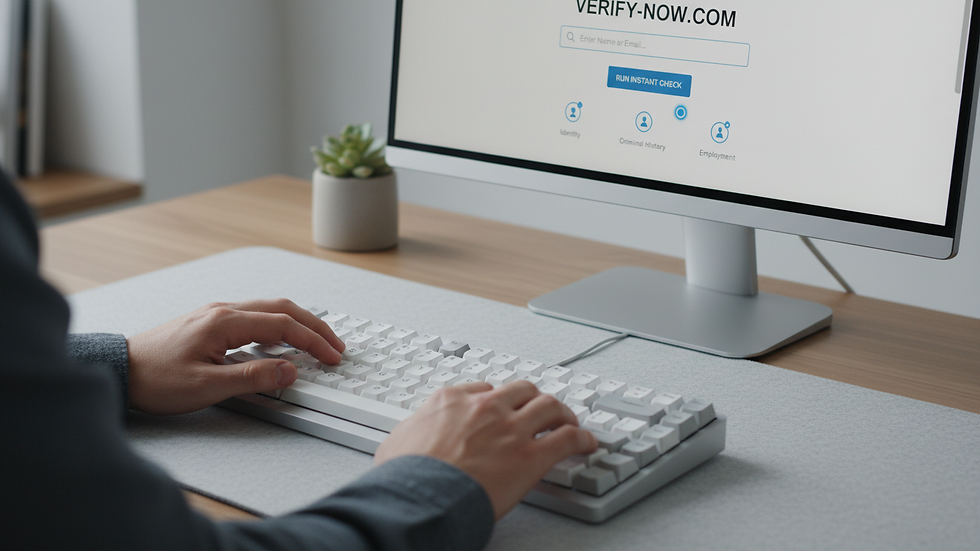 Close-up view of a person typing on a keyboard with a background check website on the screen