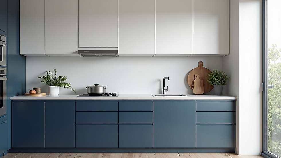 Eye-level view of a two-tone kitchen cabinet setup