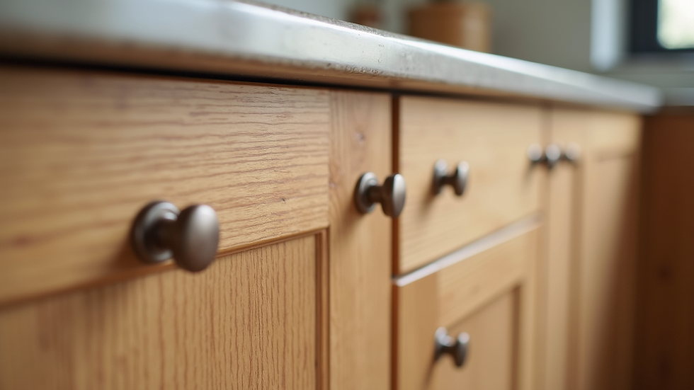 Close-up view of a wooden kitchen cabinet with natural finish