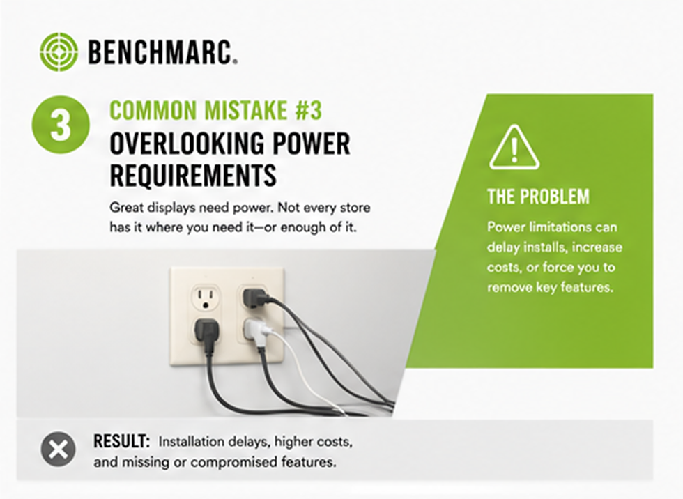 Interactive paint display infographic explaining how power limitations affect digital retail displays, LED lighting, and store fixture installations. Learn how to design flexible retail displays that work across different store environments.