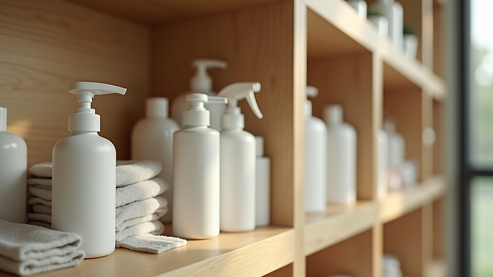Close-up view of eco-friendly cleaning products arranged on a wooden shelf