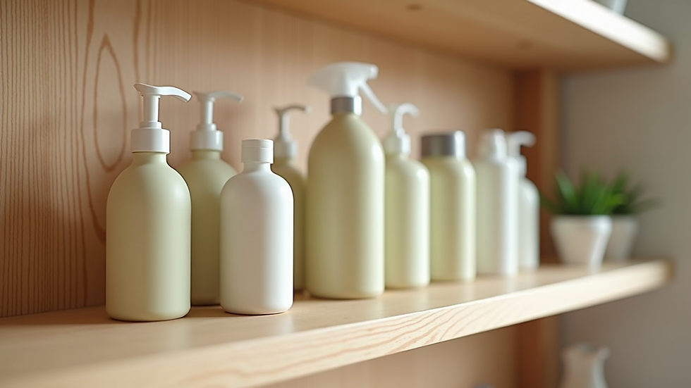 Eye-level view of eco-friendly cleaning products arranged on a wooden shelf
