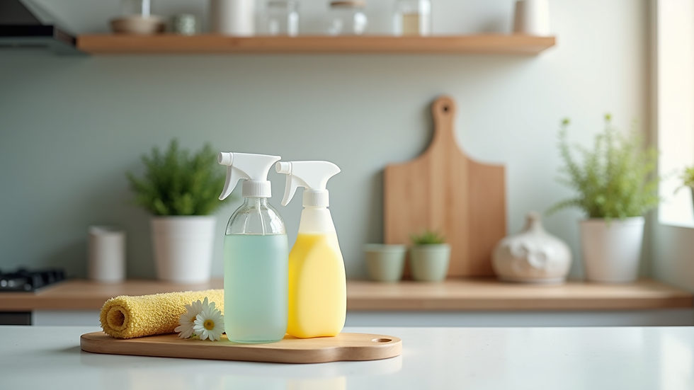 Eye-level view of a clean kitchen with eco-friendly cleaning supplies on the counter