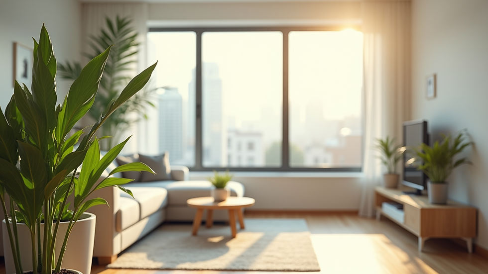 Eye-level view of a clean, bright living room with plants and natural light