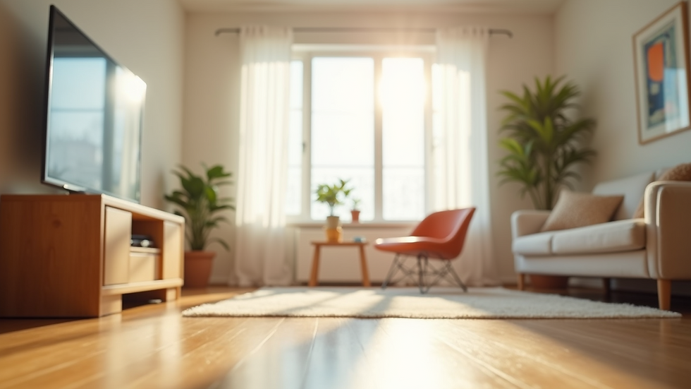 Eye-level view of a clean, bright living room with natural sunlight