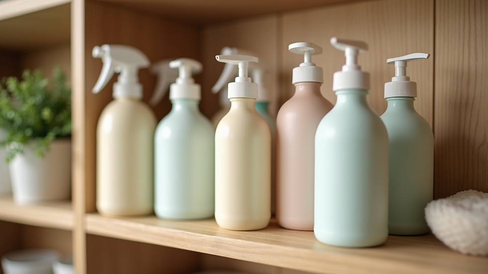 Eye-level view of eco-friendly cleaning products arranged on a wooden shelf