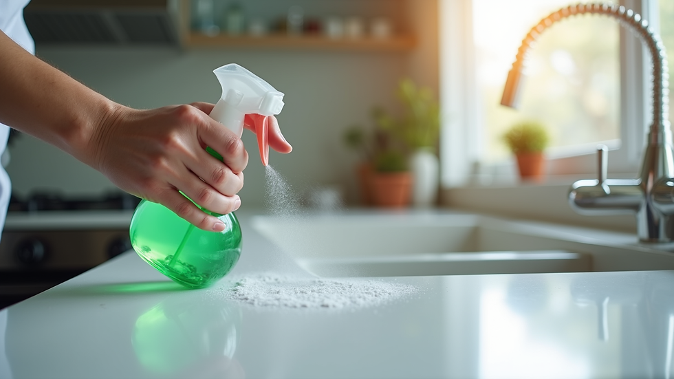 Close-up view of a professional cleaner using eco-friendly spray on a kitchen countertop