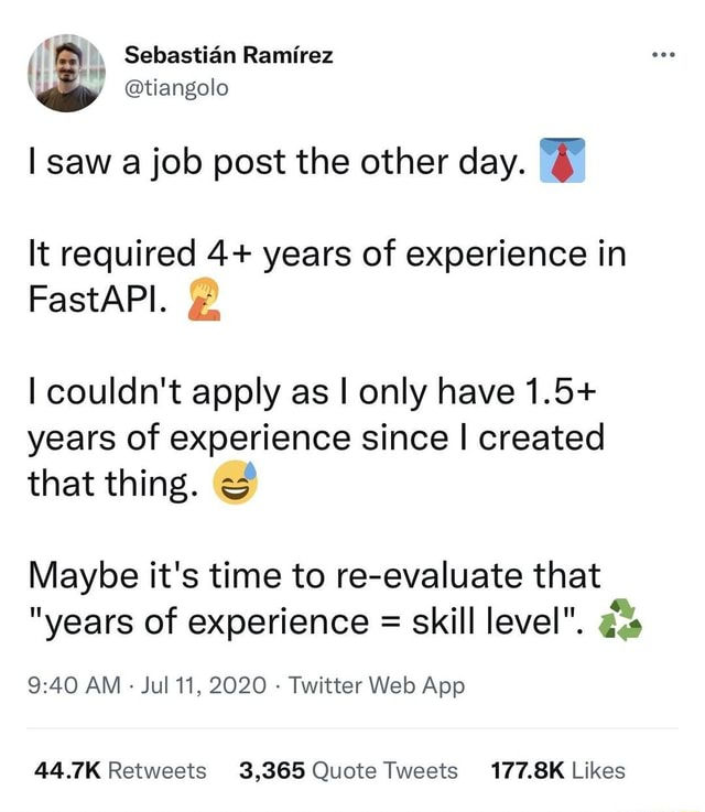 A picture of a tweet that talks about unrealistic expectations from a job candidate.