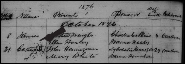 Baptismal Register, Catherine Hennigan, 1876, noting date of marriage, Dunmanway Baptismal Register
