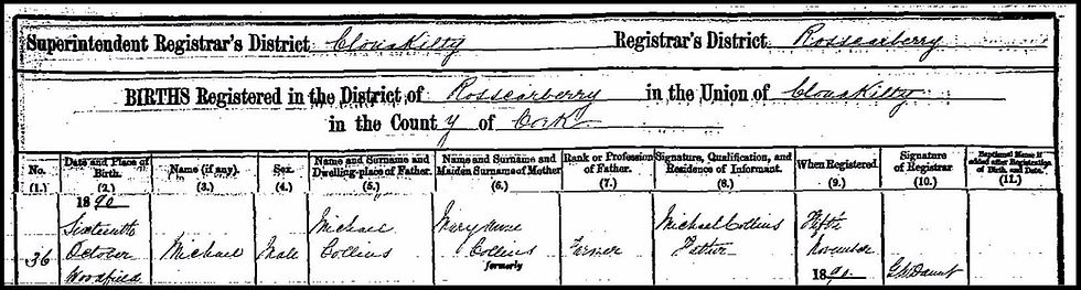 Register of the birth of Michael Collins