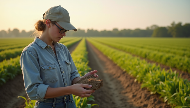 High angle view of a soil sampling technician collecting samples from distinct zones in a farm field