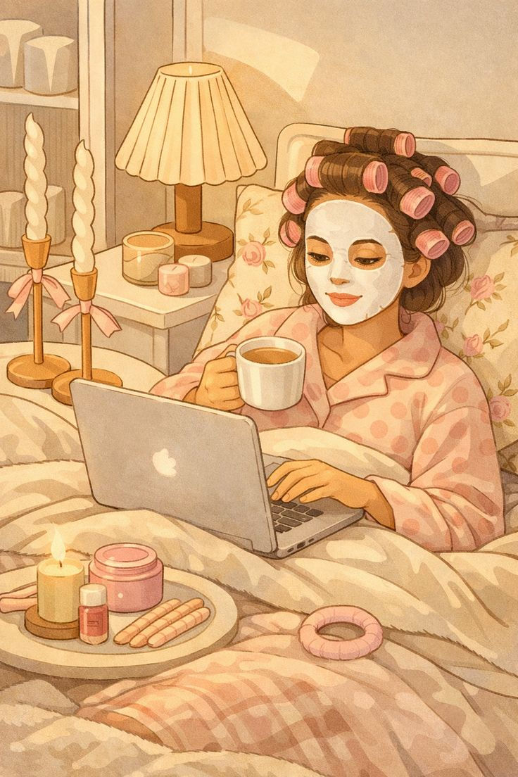 Illusztráció egy nőről, aki ágyban pihen, arcpakolással, teát iszik és laptopon dolgozik egy nyugodt, otthonos környezetben.
