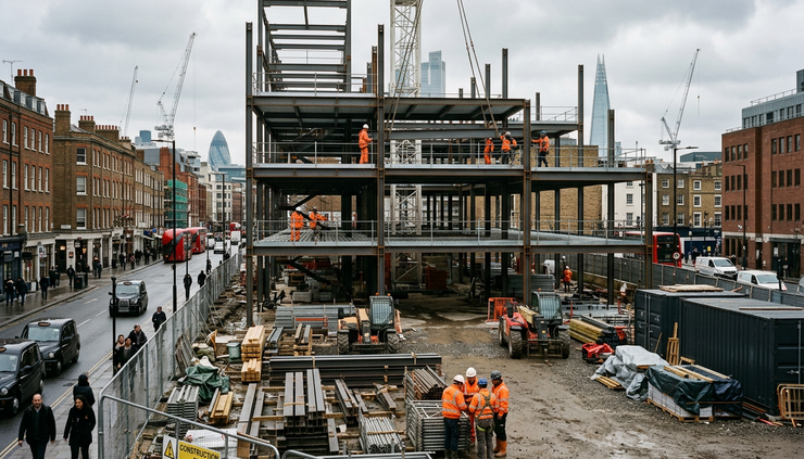 Wide-angle view of a commercial construction site with workers in safety helmets near a partially built steel frame