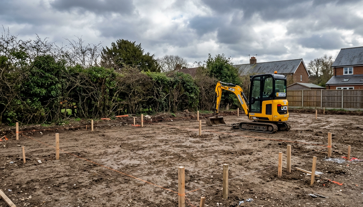 Eye-level view of a cleared residential building plot with timber markers and a small digger