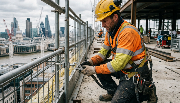 Close-up view of a construction worker fastening a safety harness beside a guarded edge on a commercial site