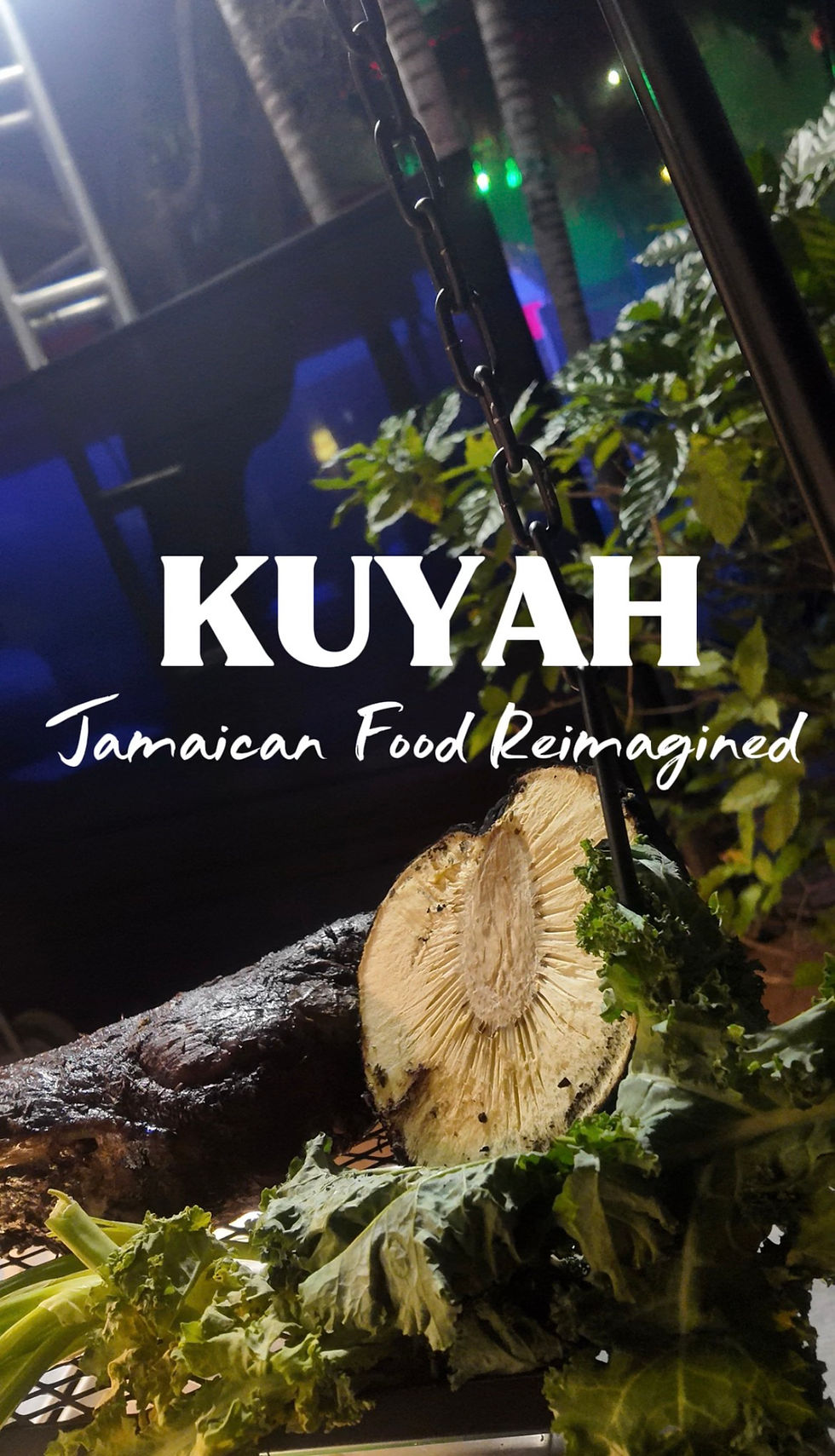 A Rack of Lamb Creatively Displayed with Jamaican Breadfruit stating Kuyah Jamaican Food Reimagined