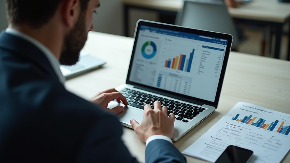 High angle view of a business professional reviewing IT asset reports on a laptop