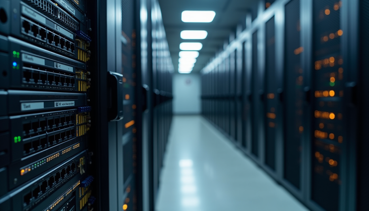 Eye-level view of a server rack with integrated network equipment