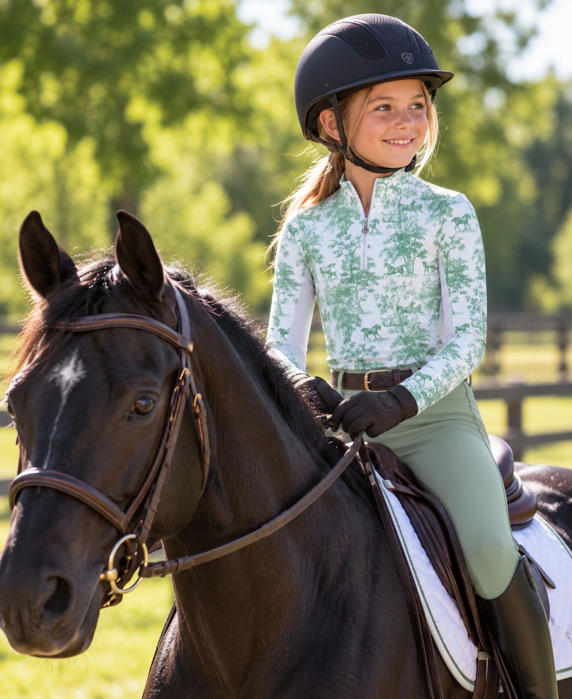 Dapplebay Kids Green Equestrian Toile 1/4 Zip - Long Sleeve