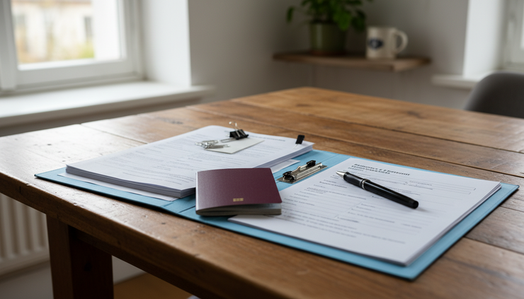 Close-up view of a residence permit application folder placed on a wooden kitchen table