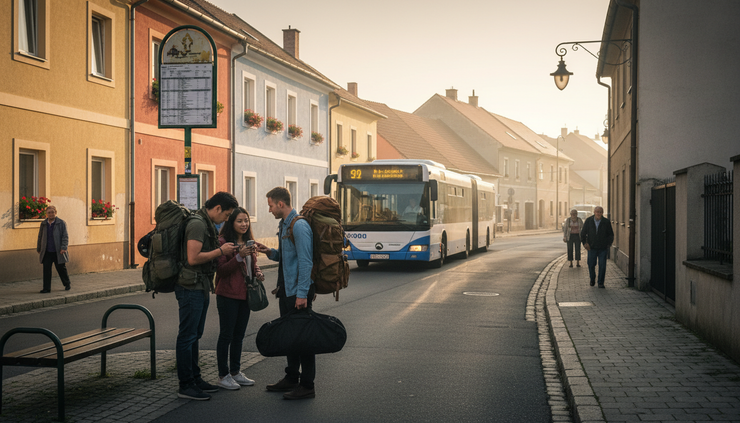 Wide-angle view of a Slovak town street with a public transport stop and people carrying travel bags