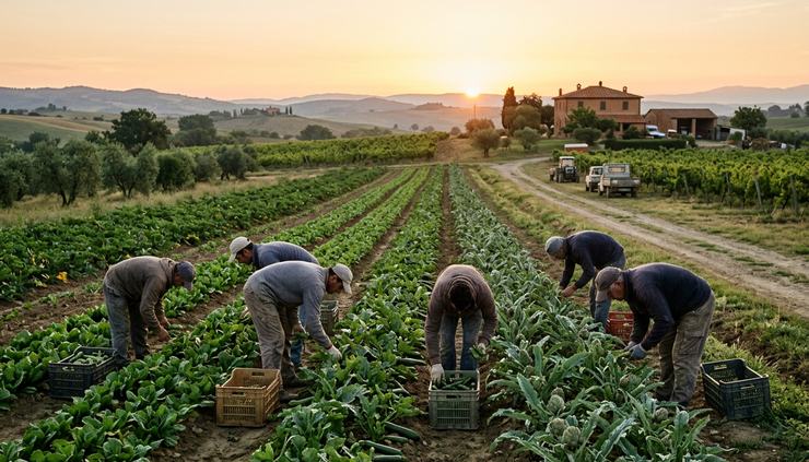 Wide-angle view of farm rows with workers harvesting vegetables in the morning.
