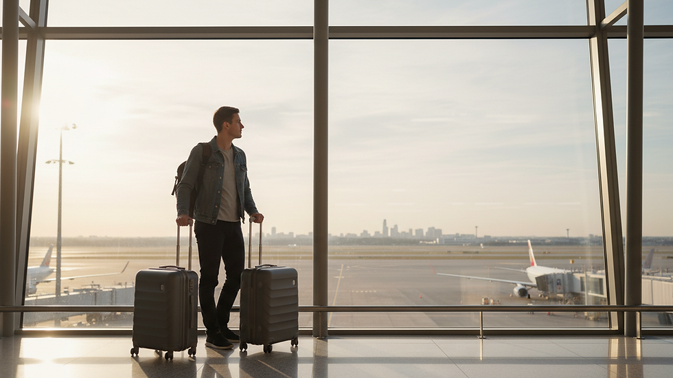 Wide-angle view of a traveller standing beside two suitcases near a quiet airport window.