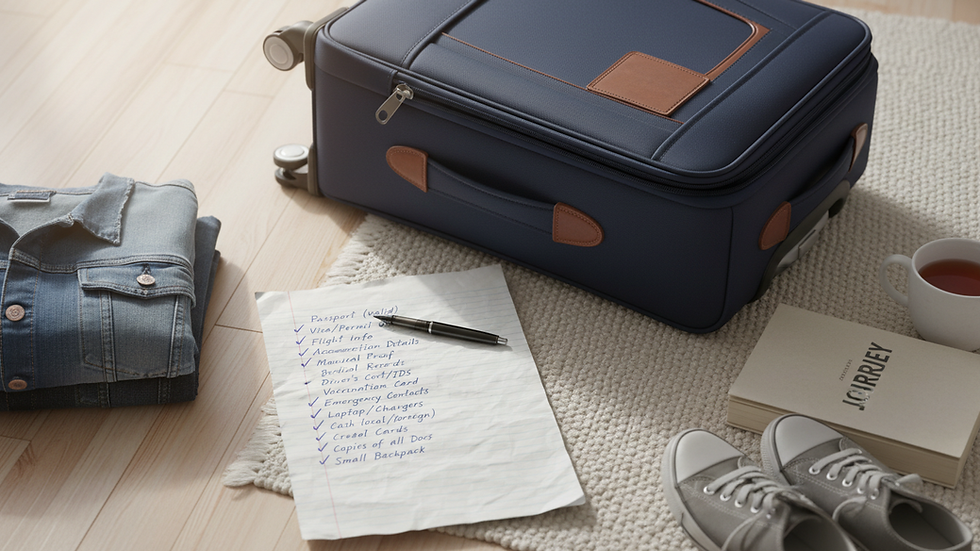 Overhead view of a handwritten checklist beside a closed suitcase on a bedroom floor.