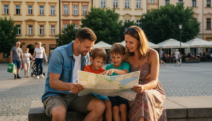 Eye-level view of a family reading a city map beside a pedestrian square in Slovakia