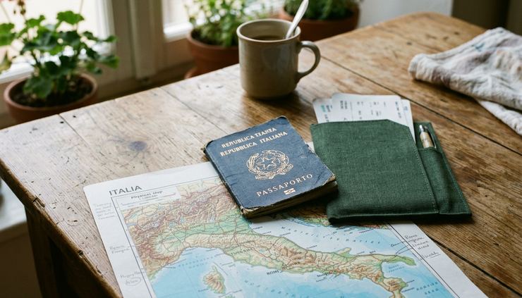 Eye-level view of a passport and travel folder on a wooden kitchen table.