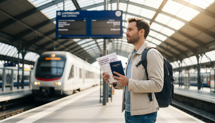 Wide-angle view of a traveller holding documents near a Luxembourg railway platform