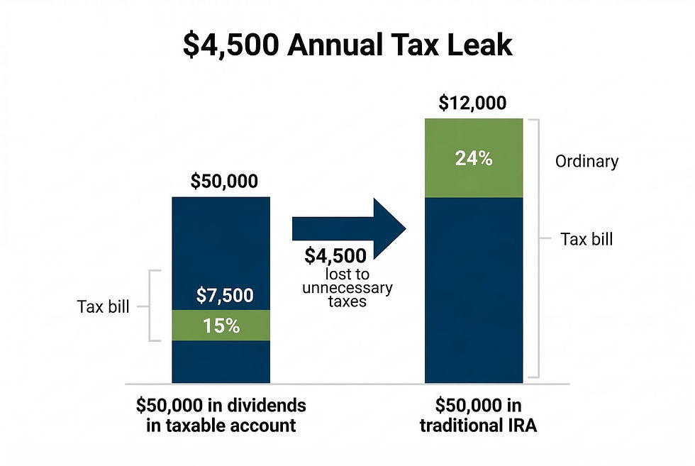 Bar chart comparing $50,000 dividends in a taxable account with a traditional IRA, showing a $4,500 tax loss. Blue and green sections.