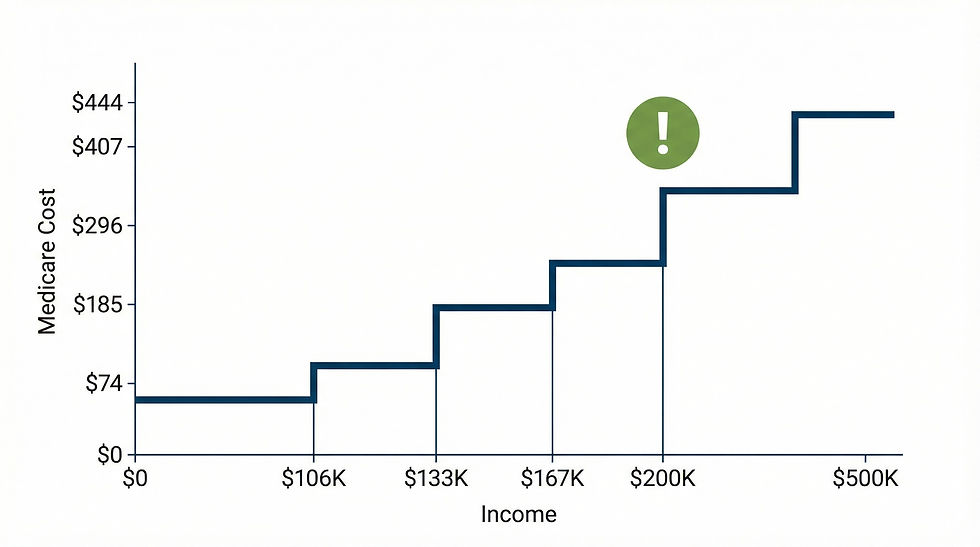 Chart showing Medicare cost steps with income brackets from $0 to $500K. Costs range from $74 to $444. Green exclamation mark at $200K.