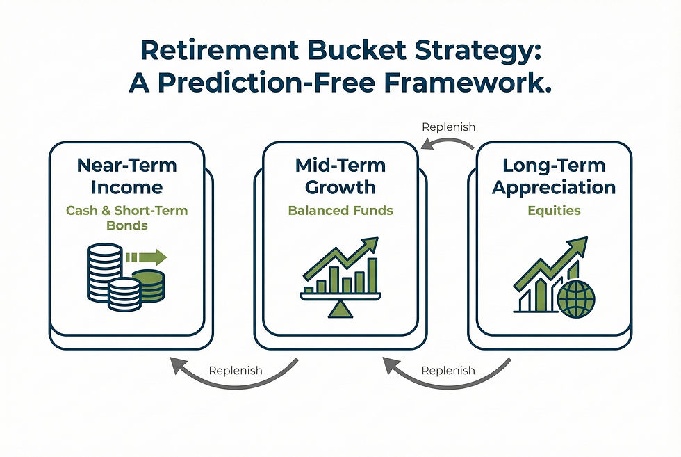 Retirement Bucket Strategy: Three stages—Near-Term Income, Mid-Term Growth, Long-Term Appreciation—illustrated with charts and arrows.
