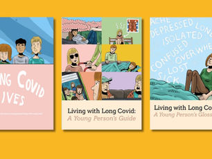 Three illustrated book covers on Long Covid for young people. Titles: Long Covid Lives, A Young Person’s Guide, A Young Person’s Glossary.