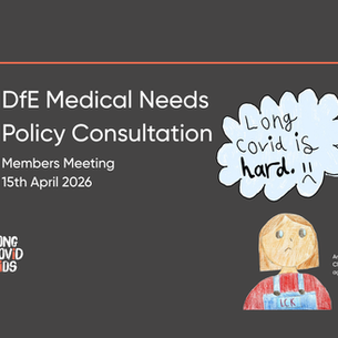 DfE Medical Needs Policy Consultation slide with "Long Covid is hard" cloud art. Child's drawing of a sad girl. Meeting: 15th April 2026.