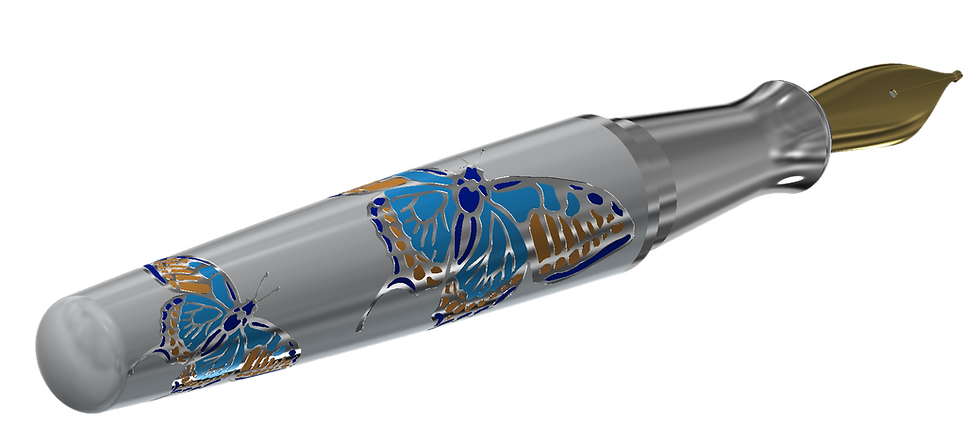 Hochwertiges Schreibgerät mit guillochierter Metalloberfläche mit Schmetterlingsmuster, handgefertigt bei Robert E. Huber