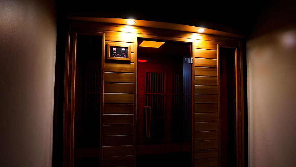 High angle view of a sleek infrared sauna room with ambient lighting