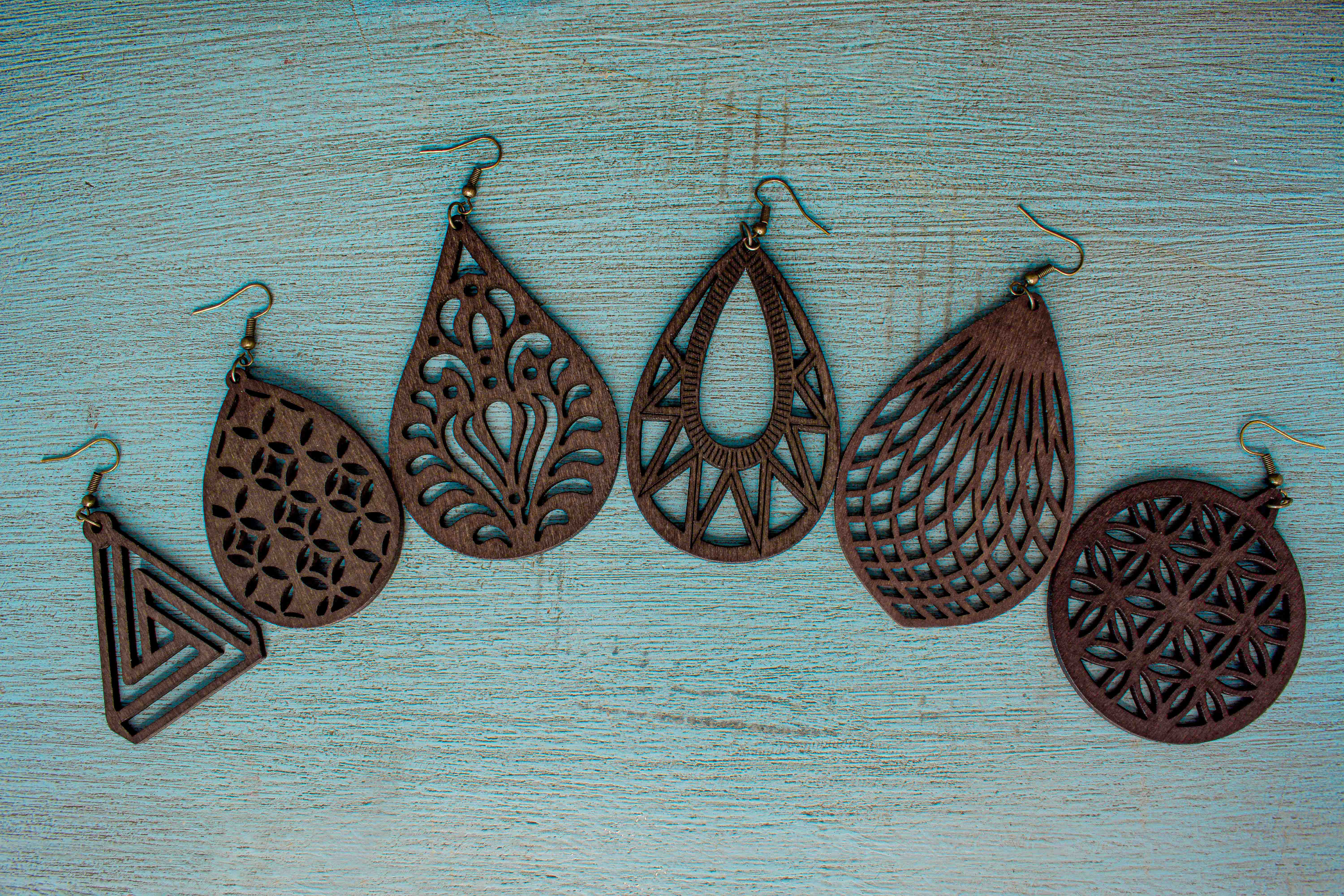Patterned Espresso Wood Drop Earrings