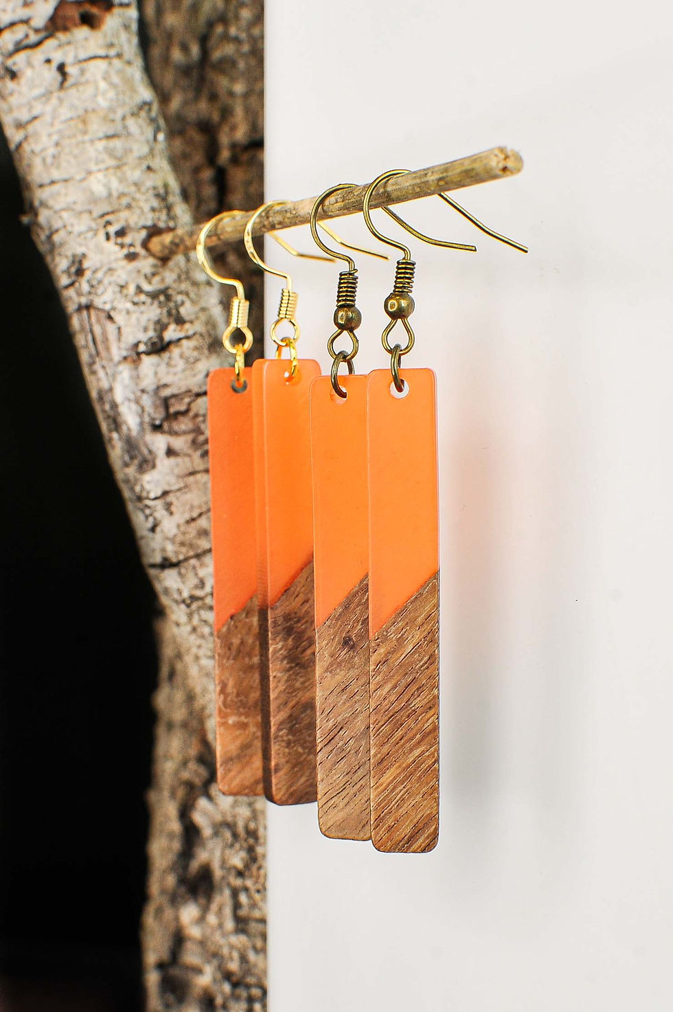 Thumbnail: Wood and Resin Rectangle Stick Earrings (Orange)
