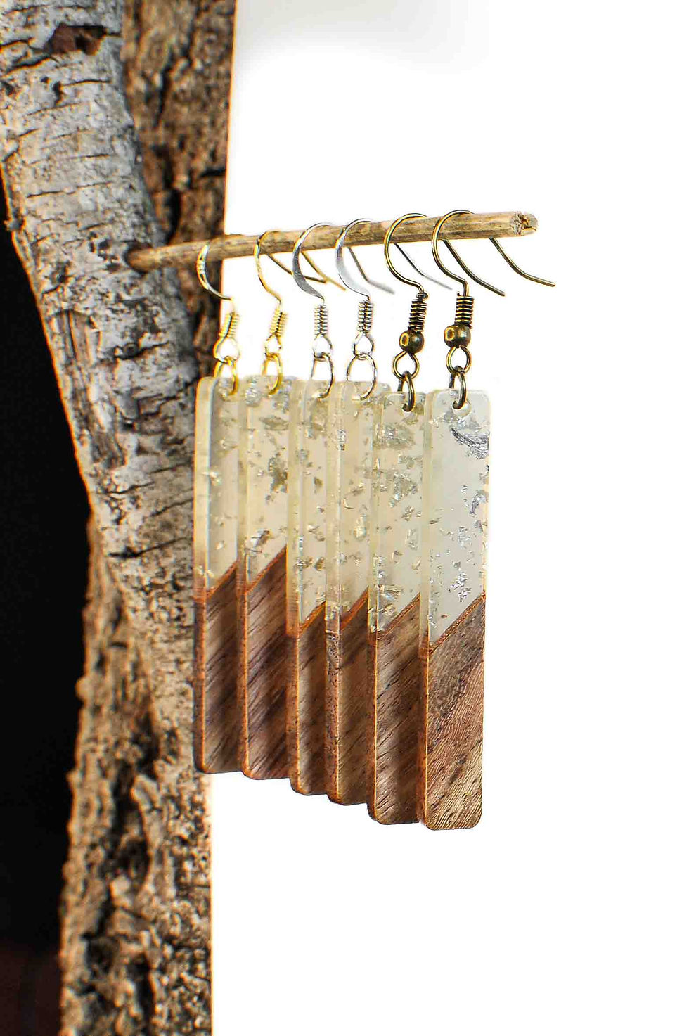 Thumbnail: Wood and Resin Rectangle Stick Earrings (Frosted with Silver flakes)