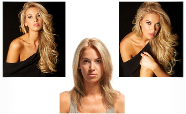 A Before and After of a blonde hair woman with and without fusion keratin hair extensions for fine and thin hair.