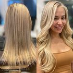 Before and after blonde extensions: blunt shoulder-length blonde becomes long wavy blonde with added volume and seamless blend in West Hollywood.