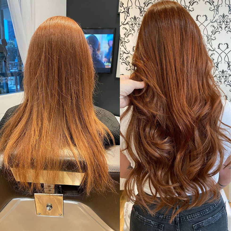 Before and after red fusion keratin extensions on fine copper hair, adding length and soft waves.
