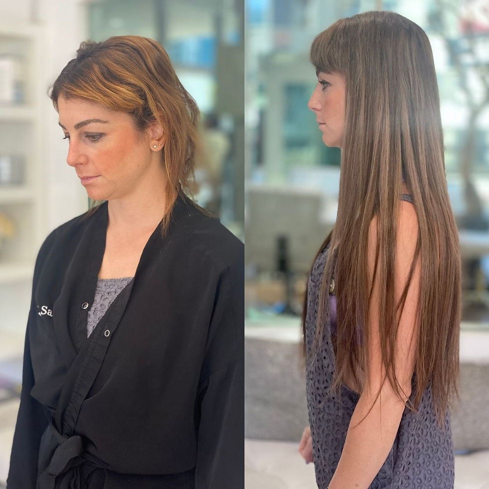 Before and after fusion keratin hair extensions on fine shoulder-length copper hair, transformed int