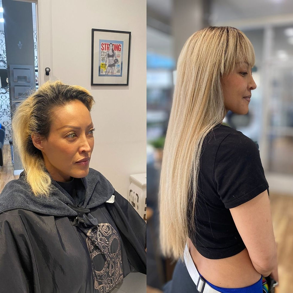 Before and after keratin bond extensions on damaged blonde hair, creating long smooth blonde length