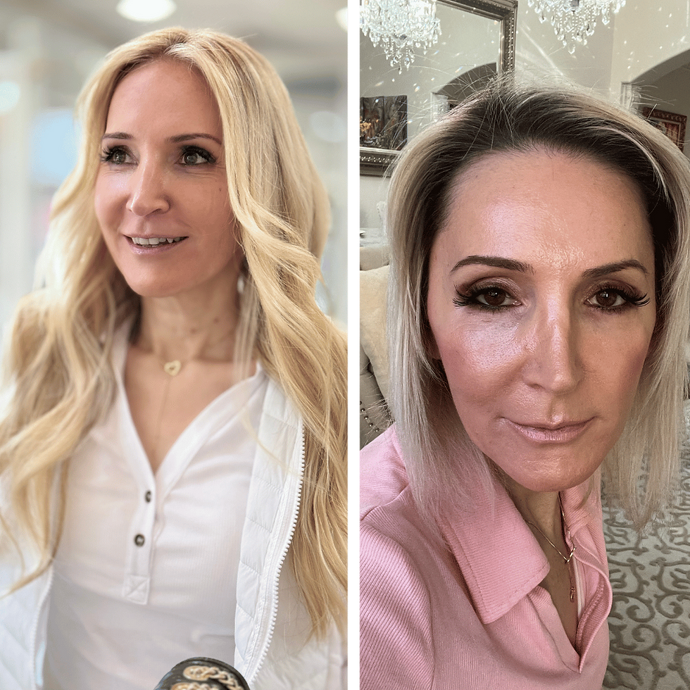 Before and after blonde hair extensions on fine hair, showing transformation from short bob to long