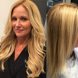 Blonde transformation shown as a front portrait and a back view of the hair.